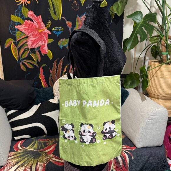 Baby Panda Double Handle Canvas Tote Bag, Green Multi - Picture 5 of 8